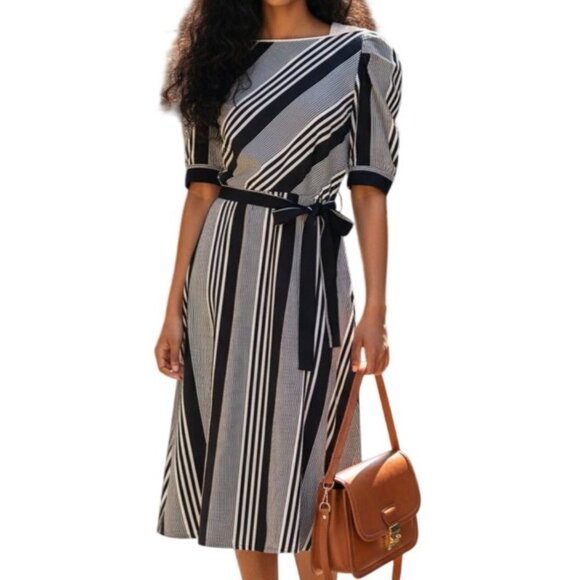 Handmade Dresses & Skirts - Vintage Brown & White Striped Midi Dress | Handmade 1980s Elastic Waist